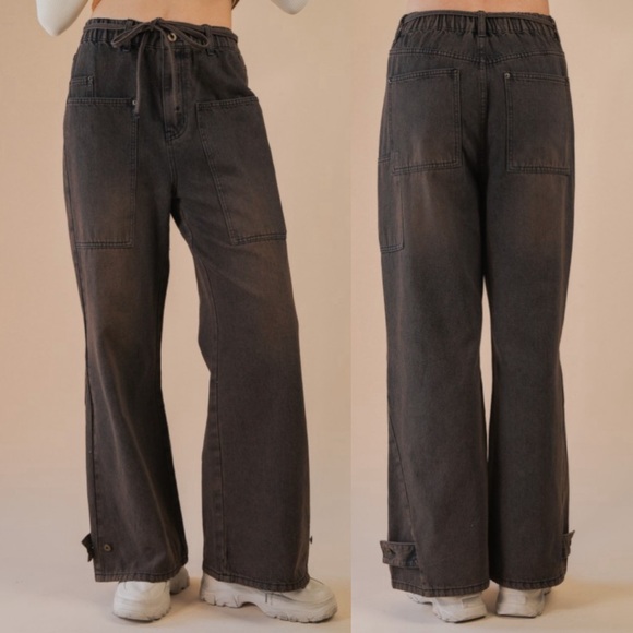 Denim - NEW! Brown Prewashed Oversized Wide Leg Jeans with Elastic Waist & Bottom Button
